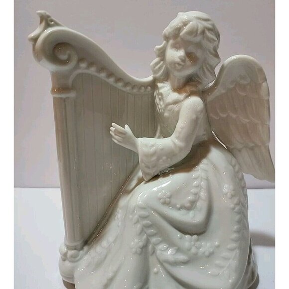 Midwest Taiwan White Porcelain Angel Harp Figurine Wind Up Music Box Vintage - Picture 2 of 7